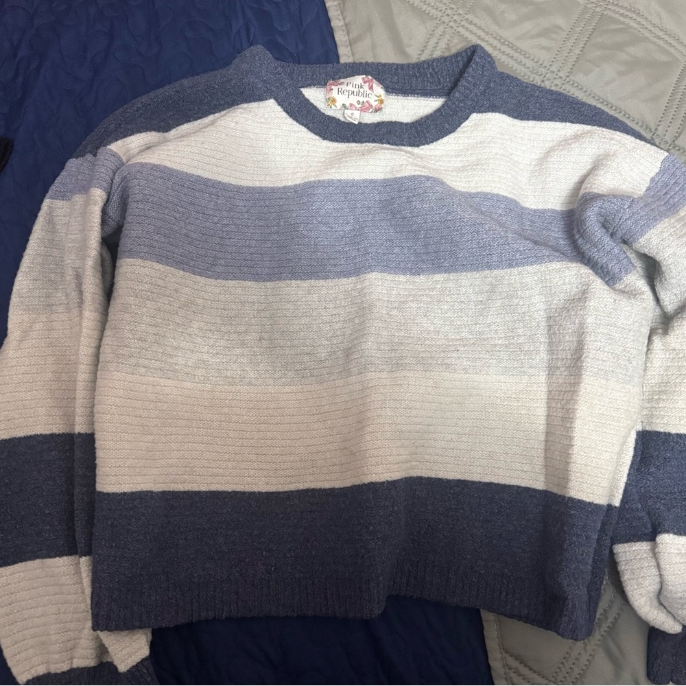 Pink Rose Blue and Gray Striped Sweater